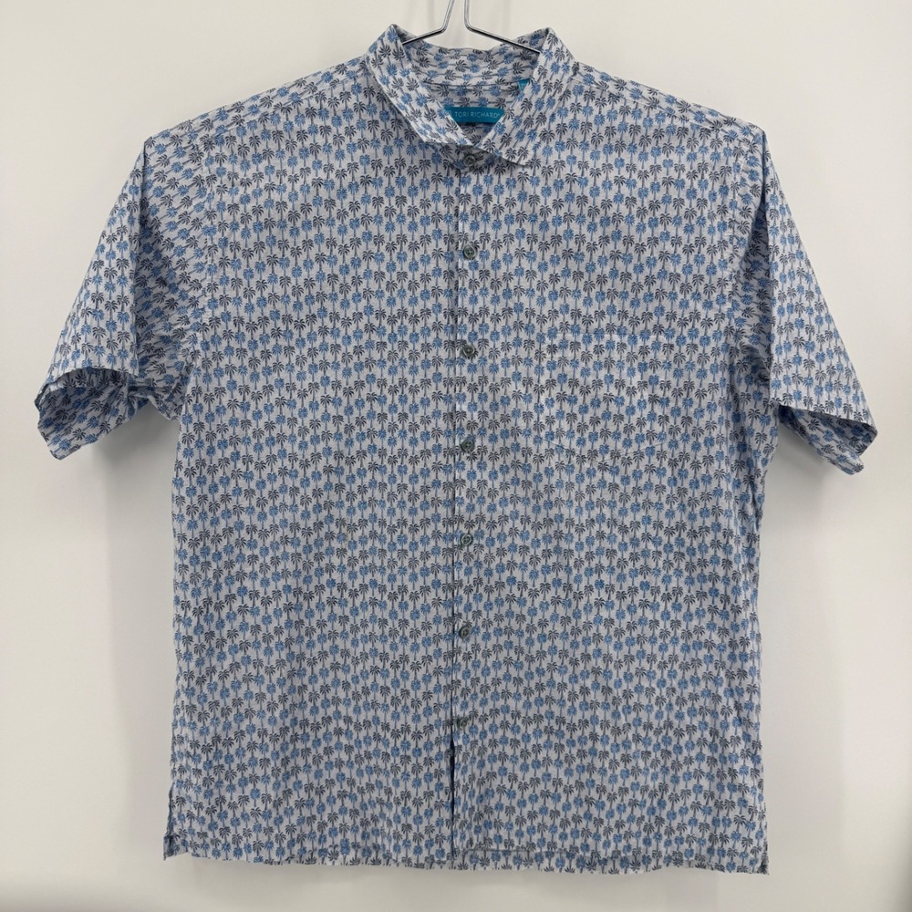 Tori Richard Button Up Mens XL Blue White Palm Tree Cotton Lawn Made In Hawaii